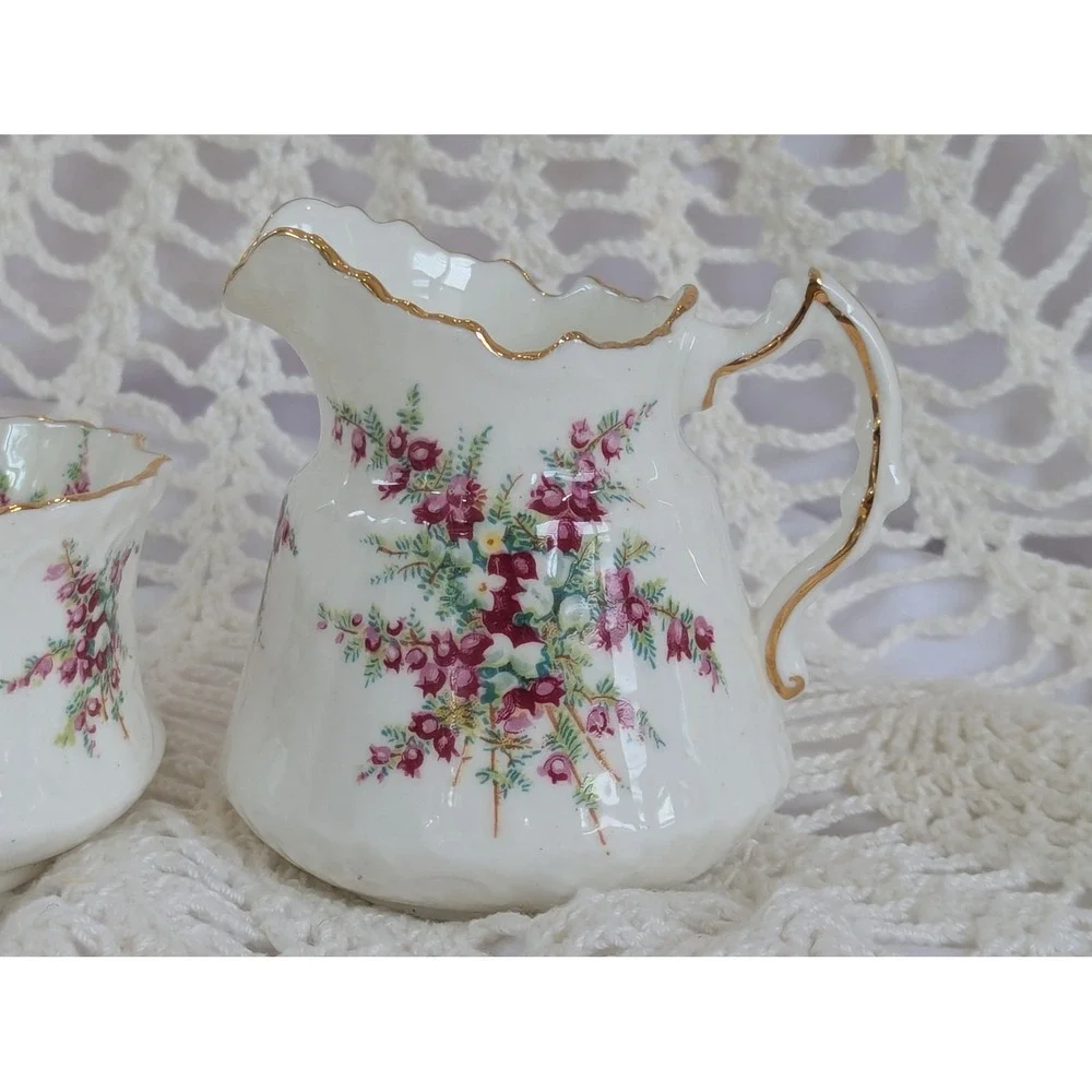 Hammersley China Cream and Sugar Set Pink Heather Gold Trim 4060 Made in England